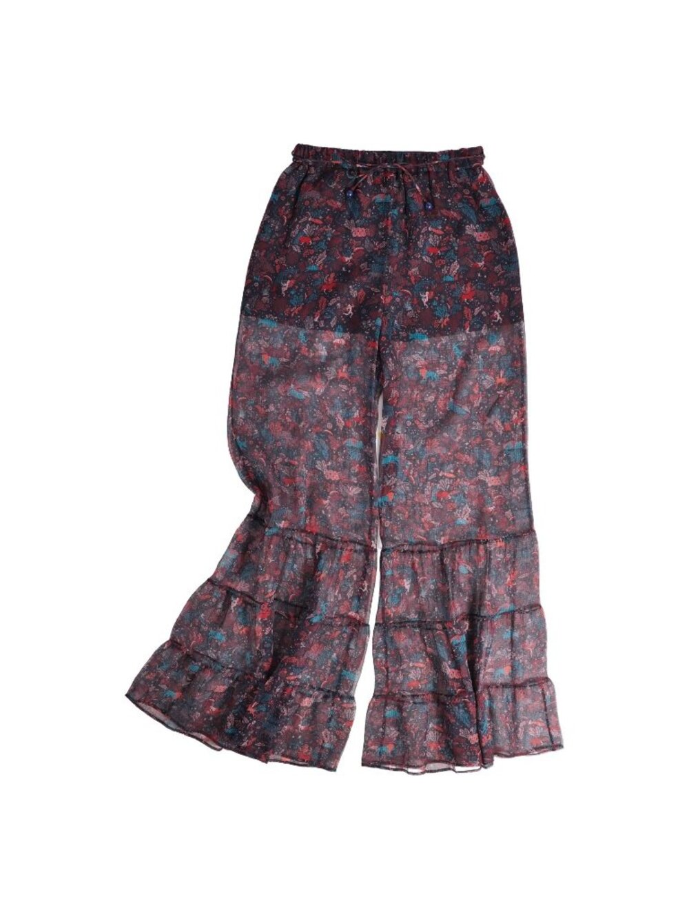 Hermes Pants Long Wide Sheer All Over Print Silk Multicolor 38